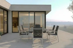 KETTLER Granada Garten-Essgruppe, silber / anthrazit, Alu / Spraystone / Teak, Tisch 180/280x100cm, 6 Stapelsessel