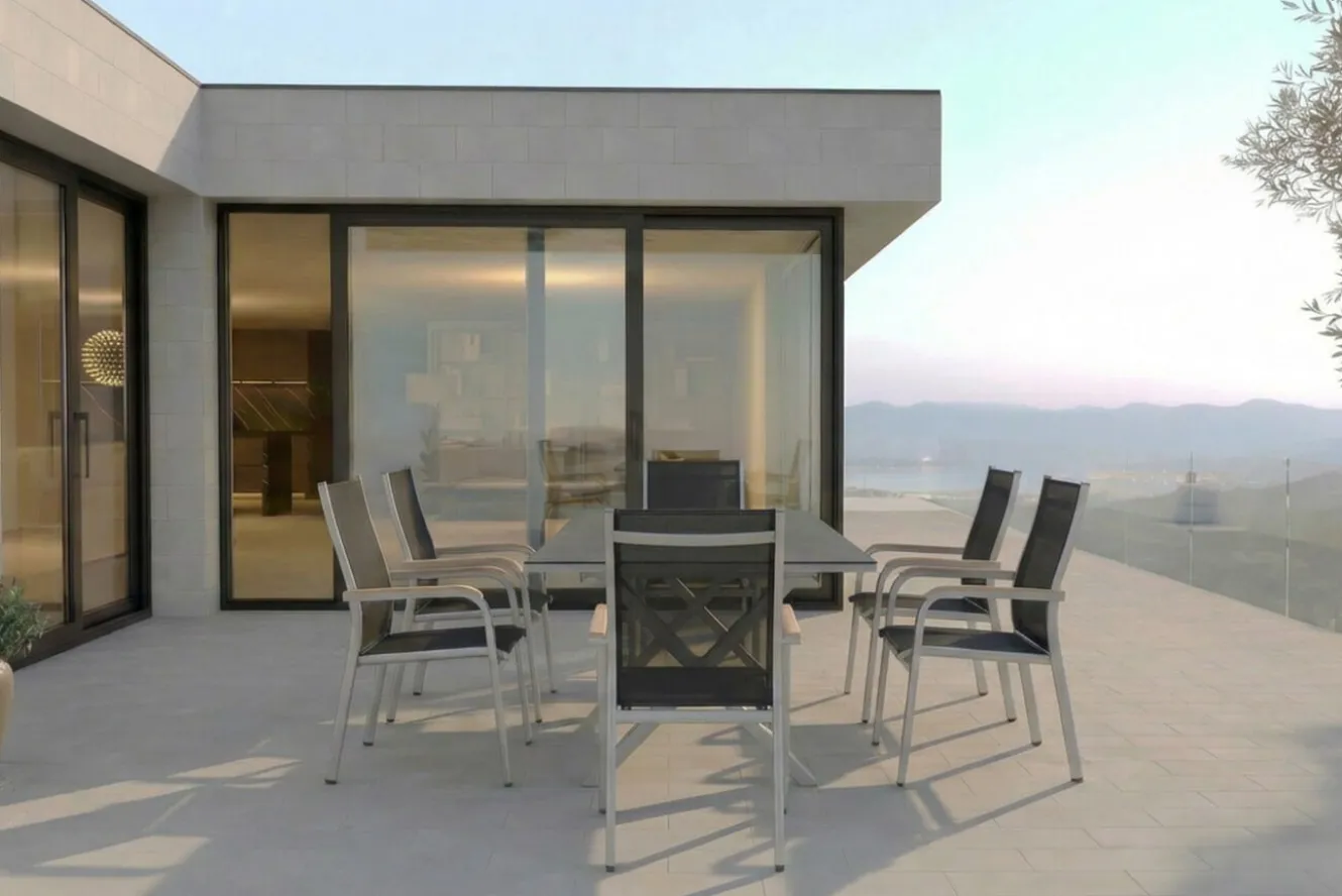 KETTLER Granada Garten-Essgruppe, silber / anthrazit, Alu / Spraystone / Teak, Tisch 180/280x100cm, 6 Stapelsessel