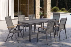 KETTLER Granada Gartengarnitur, Anthrazit, Alu/Spraystone, Esstisch 160x95 cm, 4 Stapelsessel, 2 Klappstühle