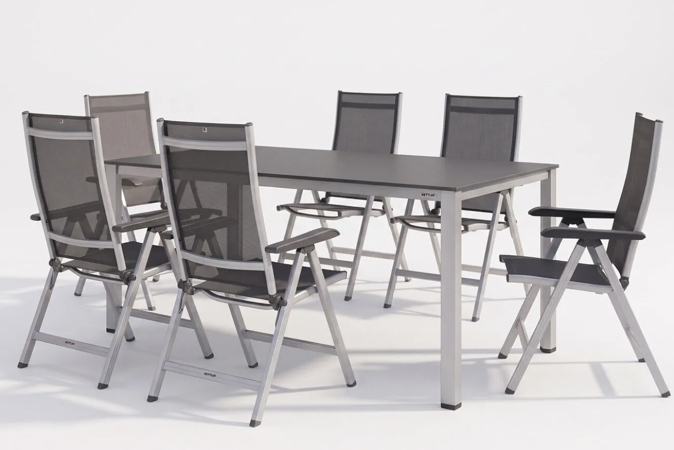 KETTLER KETTALUX-PLUS/Basic Plus Sitzgruppe, silber/anthrazit, Alu/Textilene, Tisch 160x95 cm, 6 Klappstühle