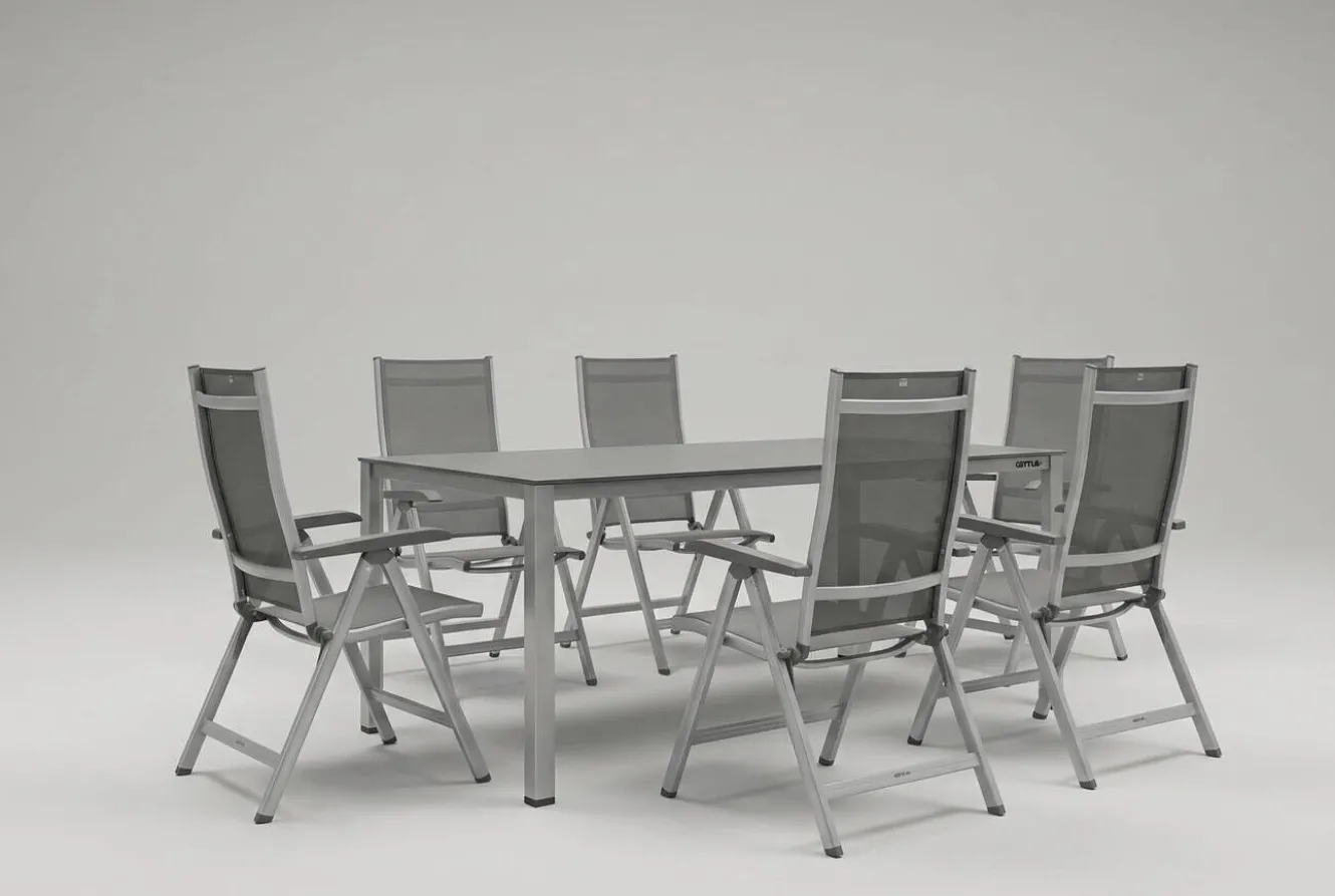 KETTLER KETTALUX-PLUS/Basic Plus Sitzgruppe, silber/anthrazit, Alu/Textilene, Tisch 160x95 cm, 6 Klappstühle
