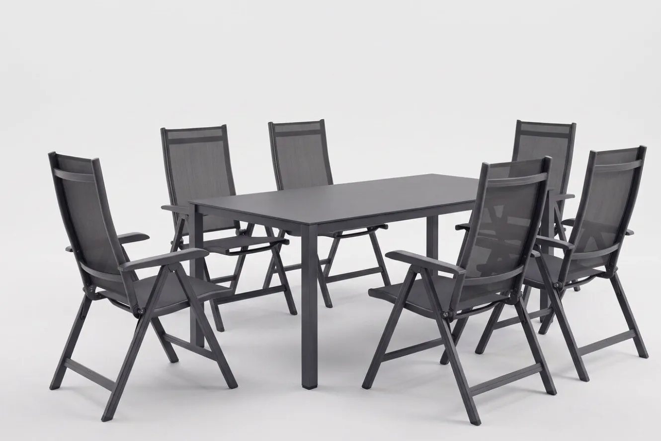 KETTLER KETTALUX-PLUS/Basic Plus Sitzgruppe, anthrazit, Alu/Textilene, Tisch 160x95 cm, 6 Klappstühle