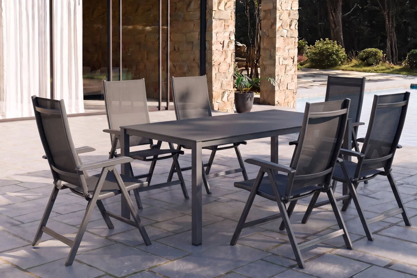 KETTLER KETTALUX-PLUS/Basic Plus Sitzgruppe, anthrazit, Alu/Textilene, Tisch 160x95 cm, 6 Klappstühle
