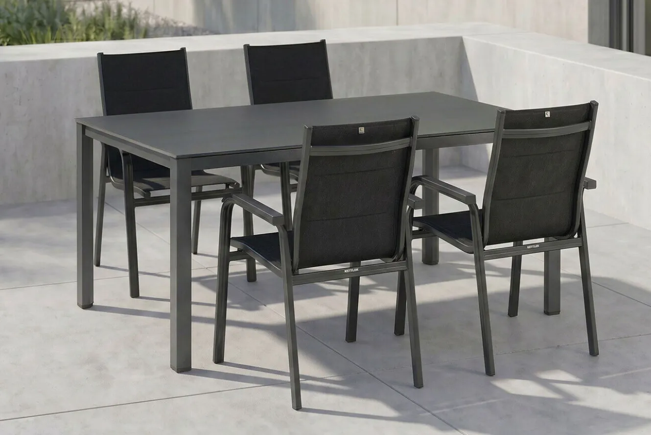 KETTLER KETTALUX-PLUS/Basic Plus Padded Sitzgruppe, anthrazit, Alu/Textilene, Tisch 160x95 cm, 4 Personen, gepolsterte Sitz - und Rückenfläche