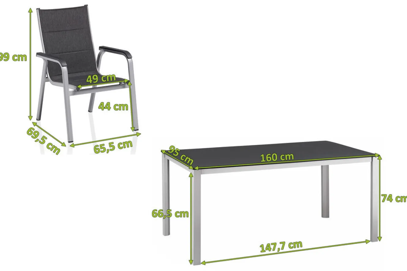 KETTLER KETTALUX-PLUS/Basic Plus Padded Sitzgruppe, silber/anthrazit/grau, Alu/Textilene, 160x95 cm,4 Stapelsessel, gepolsterte Sitz - und Rückenfläche