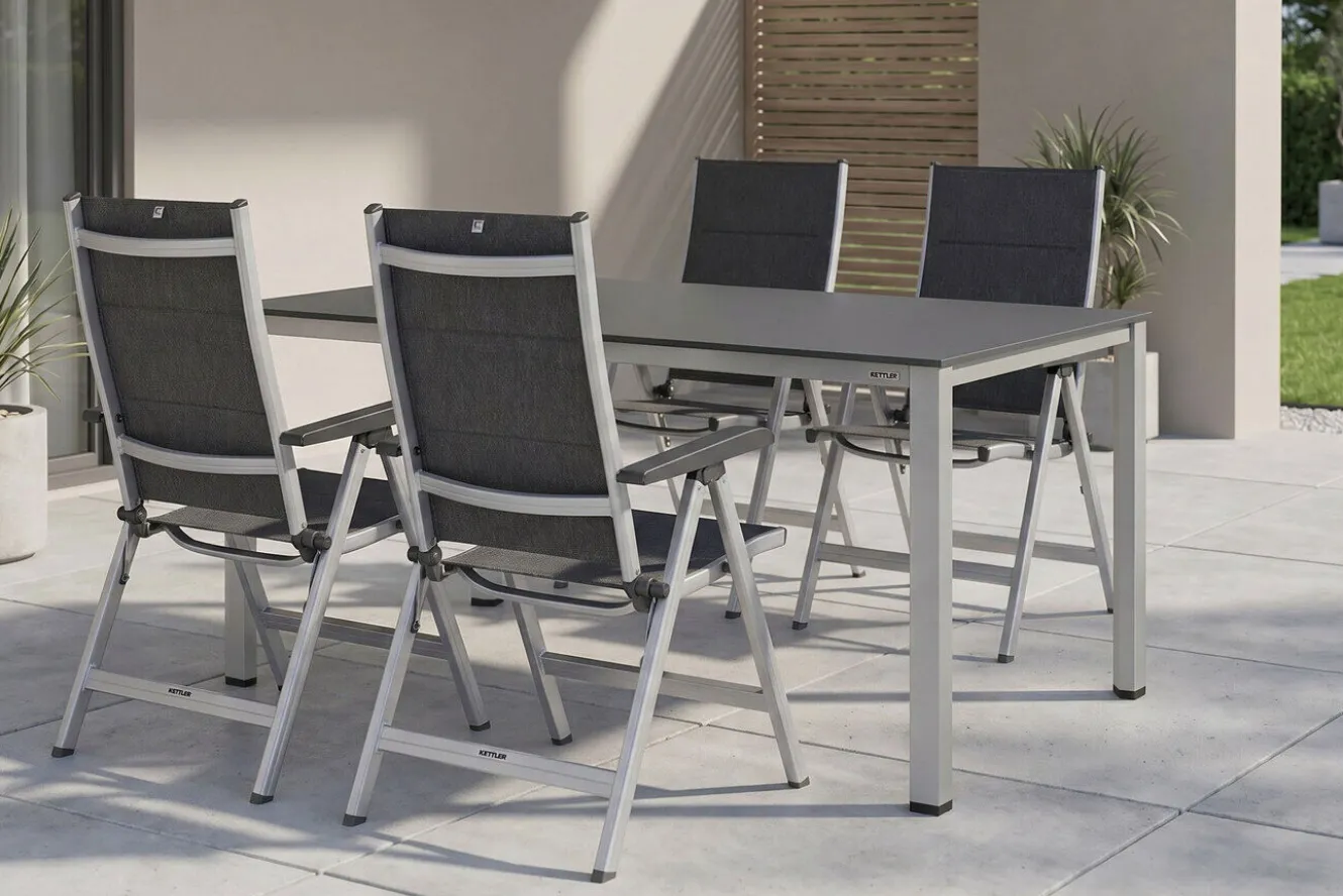 KETTLER KETTALUX-PLUS/Basic Plus Padded Sitzgruppe, silber/anthrazit, Alu/Textilene, Tisch 160x95 cm,4 Klappstühle