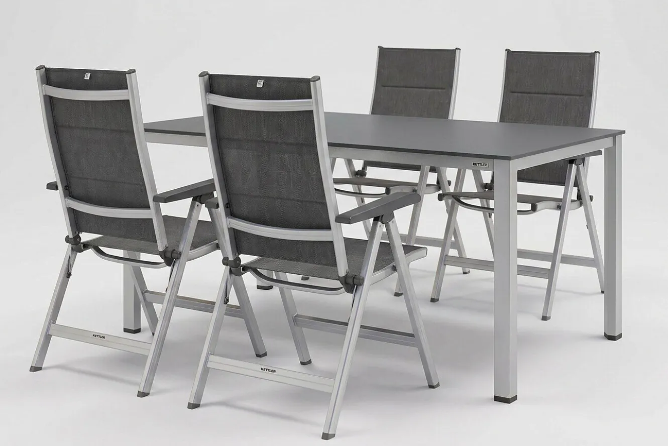 KETTLER KETTALUX-PLUS/Basic Plus Padded Sitzgruppe, silber/anthrazit, Alu/Textilene, Tisch 160x95 cm,4 Klappstühle