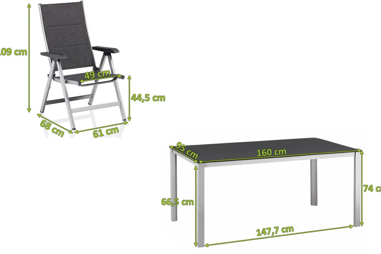 KETTLER KETTALUX-PLUS/Basic Plus Padded Sitzgruppe, silber/anthrazit, Alu/Textilene, Tisch 160x95 cm,4 Klappstühle
