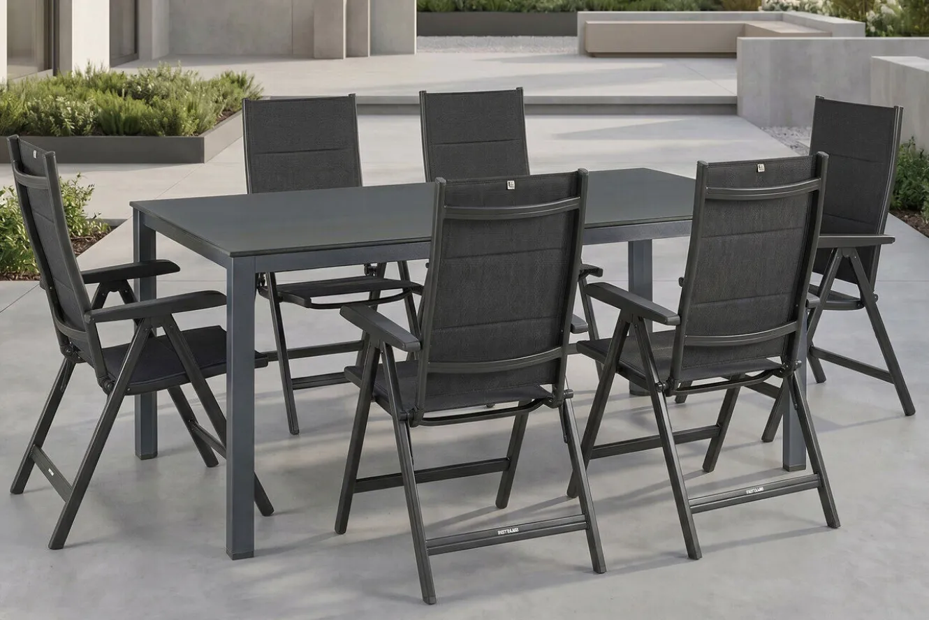 KETTLER KETTALUX-PLUS/Basic Plus Padded Sitzgruppe, anthrazit, Alu/Textilene, Tisch 160x95 cm, 6 Klappstühle