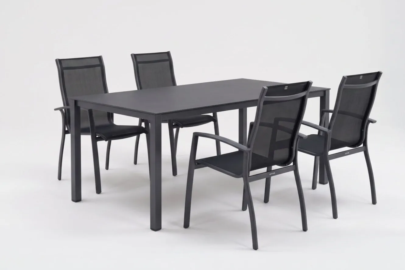 KETTLER KETTALUX-PLUS/Legato Curve Sitzgruppe, anthrazit, Alu/Textilene, Tisch 160x95 cm, 4 Stapelsessel, stapelbar