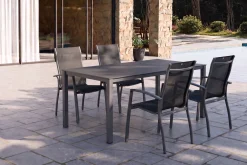 KETTLER KETTALUX-PLUS/Legato Curve Sitzgruppe, anthrazit, Alu/Textilene, Tisch 160x95 cm, 4 Stapelsessel, stapelbar