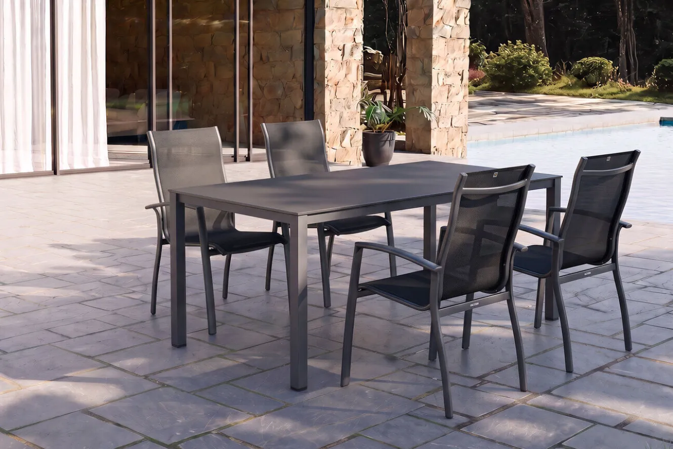 KETTLER KETTALUX-PLUS/Legato Curve Sitzgruppe, anthrazit, Alu/Textilene, Tisch 160x95 cm, 4 Stapelsessel, stapelbar