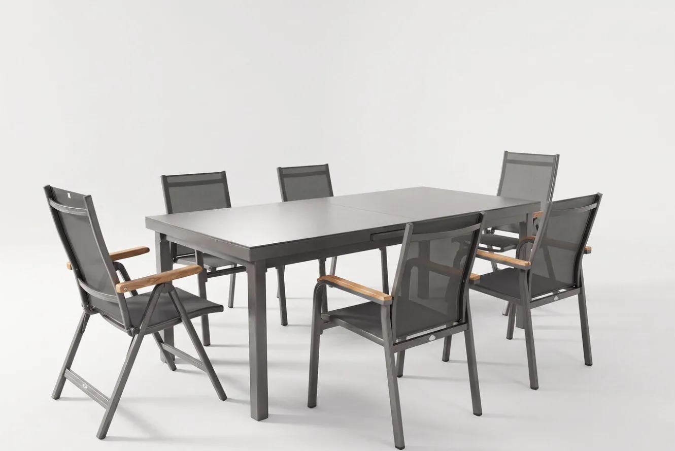 KETTLER Premium/Granada Garten-Essgruppe, Anthrazit/Grau, Alu/Glas, Ausziehtisch 180/240x100cm, 4 Stapelsessel, 2 Klappstühle