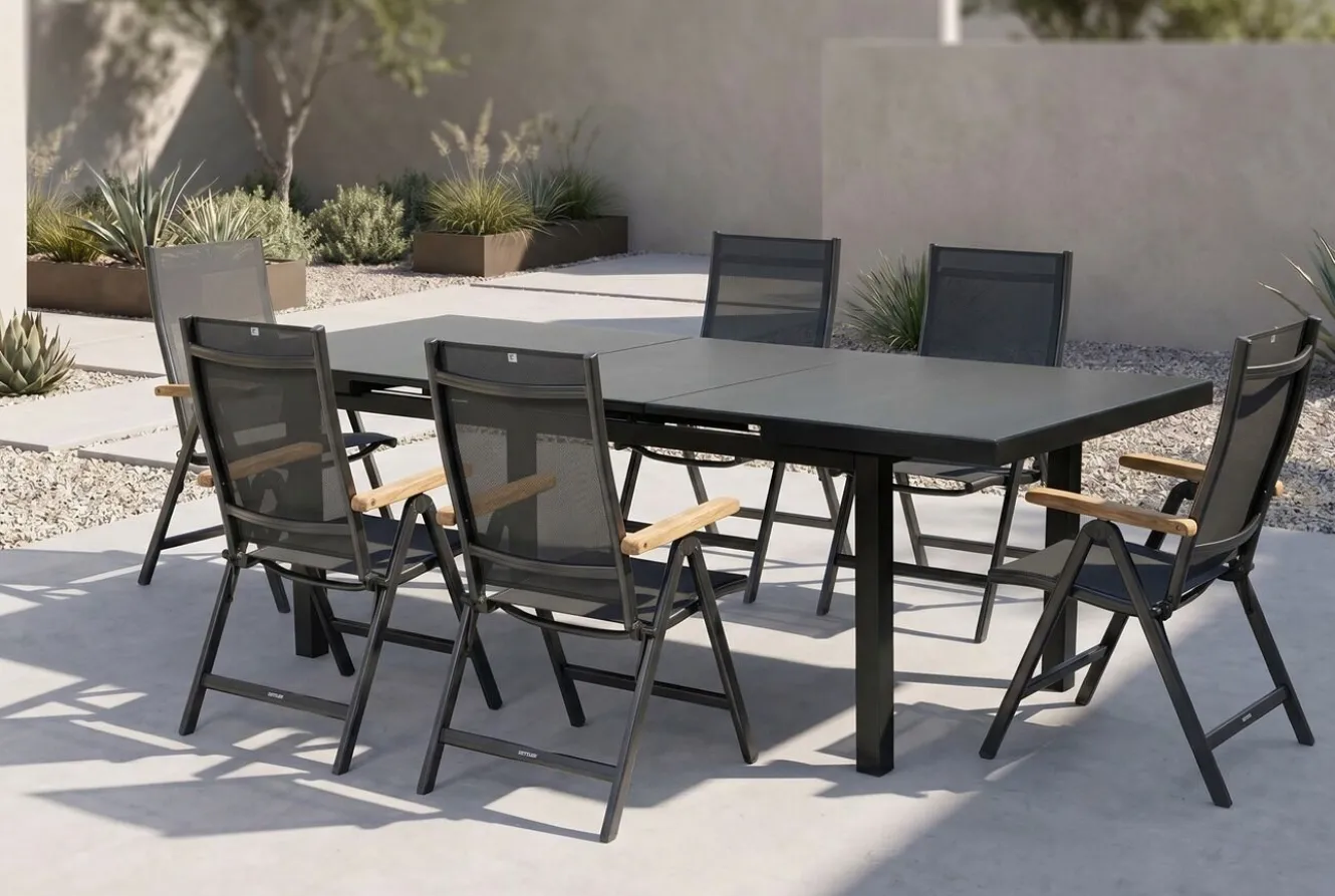 KETTLER Premium/Granada Garten-Essgruppe, anthrazit/grau, Alu/Glas, Tisch 180/240x100cm, 6 Sessel