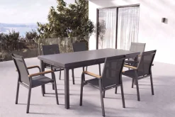 KETTLER Premium/Granada Garten-Essgruppe, anthrazit/grau, Alu/Glas, Ausziehtisch 180/240x100cm, 6 Stapelsessel