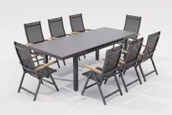 KETTLER Premium/Granada Garten-Essgruppe, Anthrazit/Grau, Alu/Glas, Ausziehtisch 180/240x100cm, 8 Klappstühle