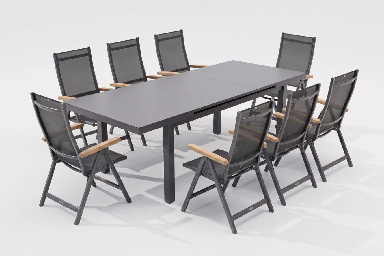 KETTLER Premium/Granada Garten-Essgruppe, Anthrazit/Grau, Alu/Glas, Ausziehtisch 180/240x100cm, 8 Klappstühle