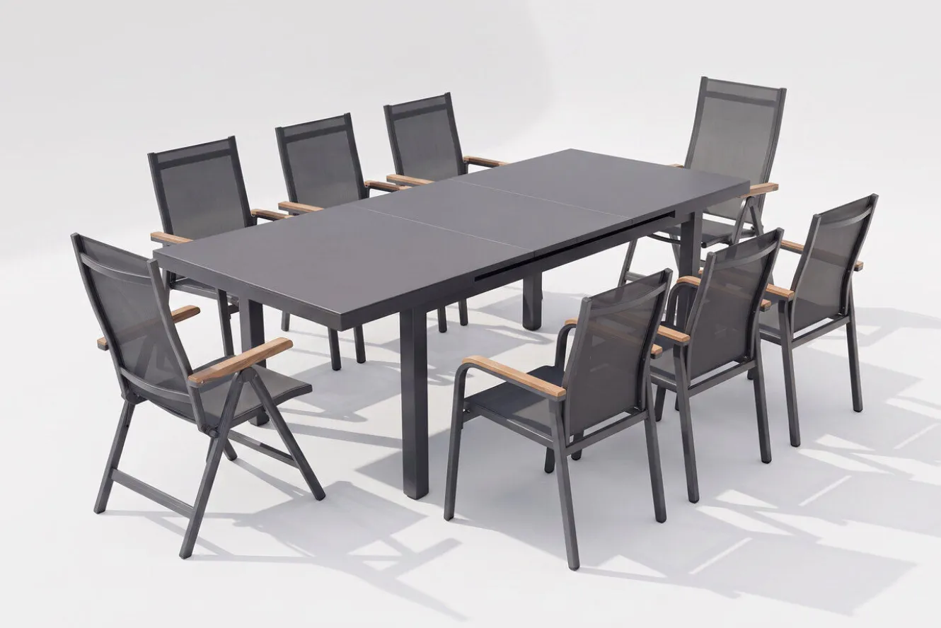 KETTLER Premium/Granada Garten-Essgruppe, Anthrazit/Grau, Alu/Glas, Ausziehtisch 180/240x100cm, 8 Sessel