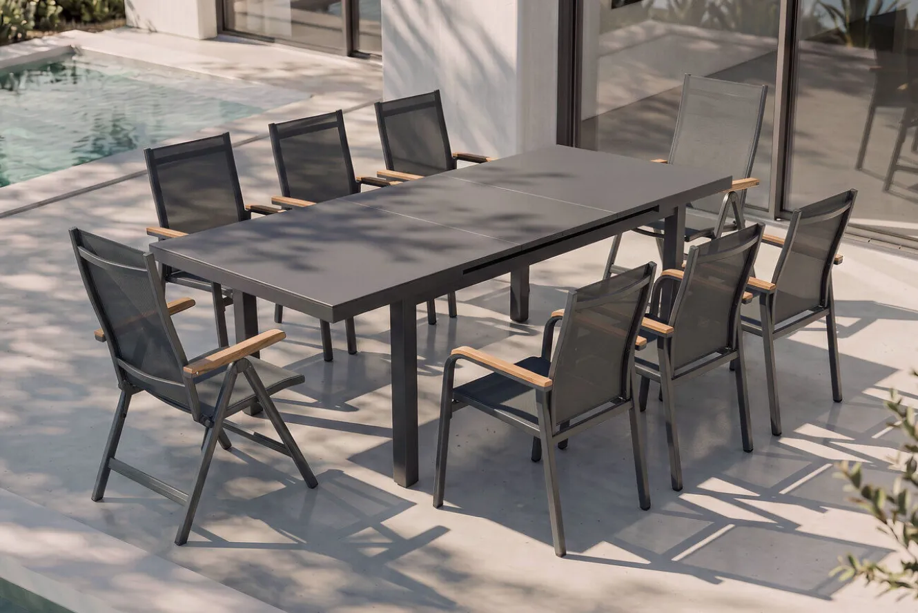 KETTLER Premium/Granada Garten-Essgruppe, Anthrazit/Grau, Alu/Glas, Ausziehtisch 180/240x100cm, 8 Sessel
