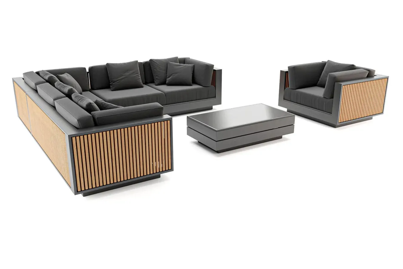 LIVING ZONE Aztec Plus Gartenlounge, natur/schwarz, Alu/Polyester/Holzimitat, pulverbeschichtet, wetterbeständig, inkl. Kissen & Polster