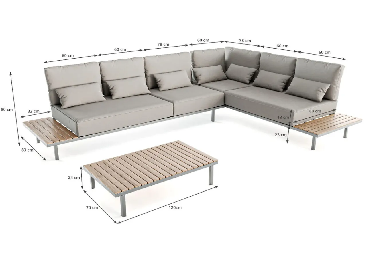 LIVING ZONE Baki Gartenlounge, natur/grau, Edelstahl/Teak, wetterbeständig, rostfrei, verstellbare Rückenlehne, abnehmbare Bezüge