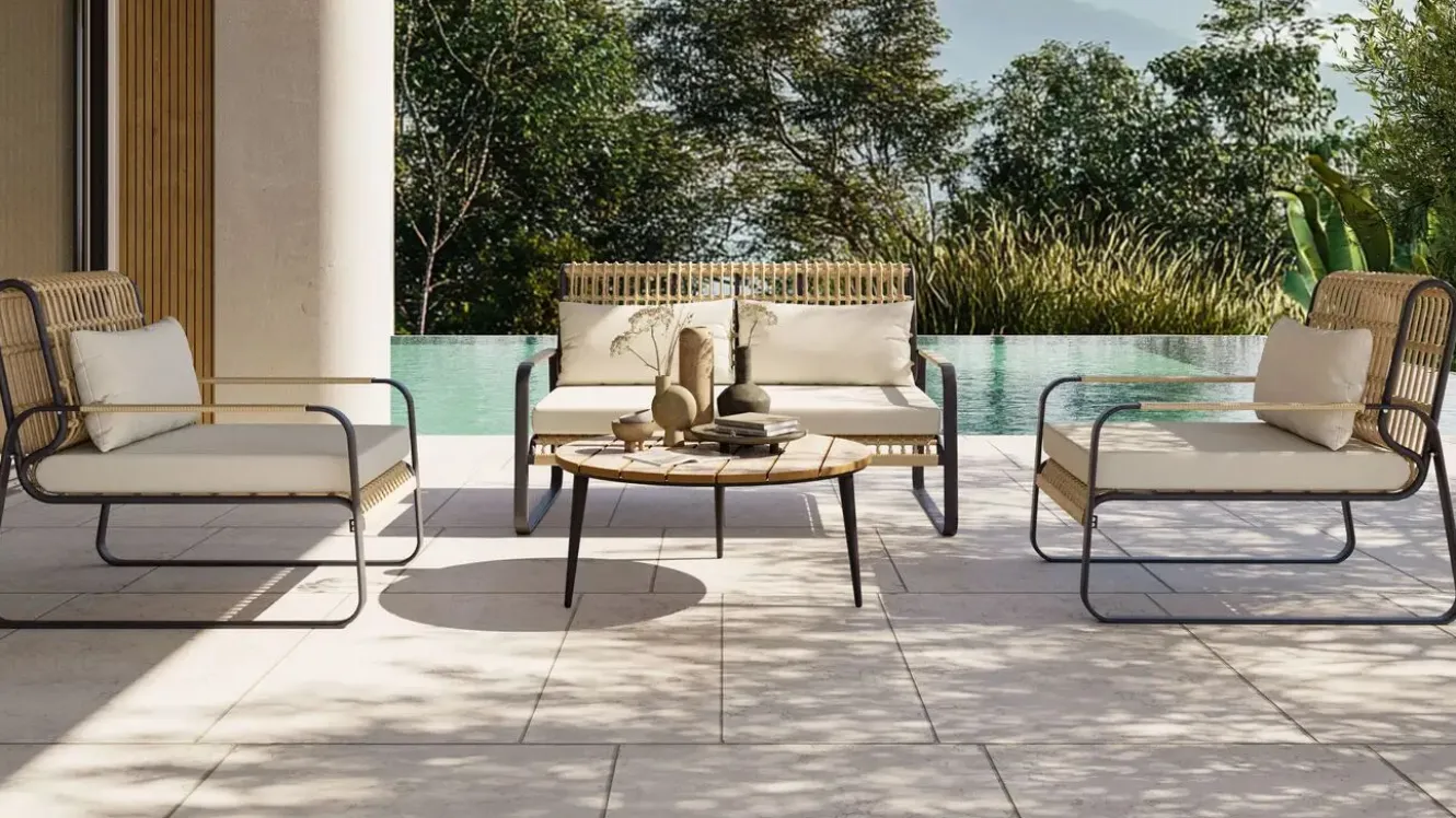 LIVING ZONE Big Lattice Lounge, natur/schwarz, Alu/Polyrattan, inkl. Kissen, schnelltrocknend, wetterbeständig