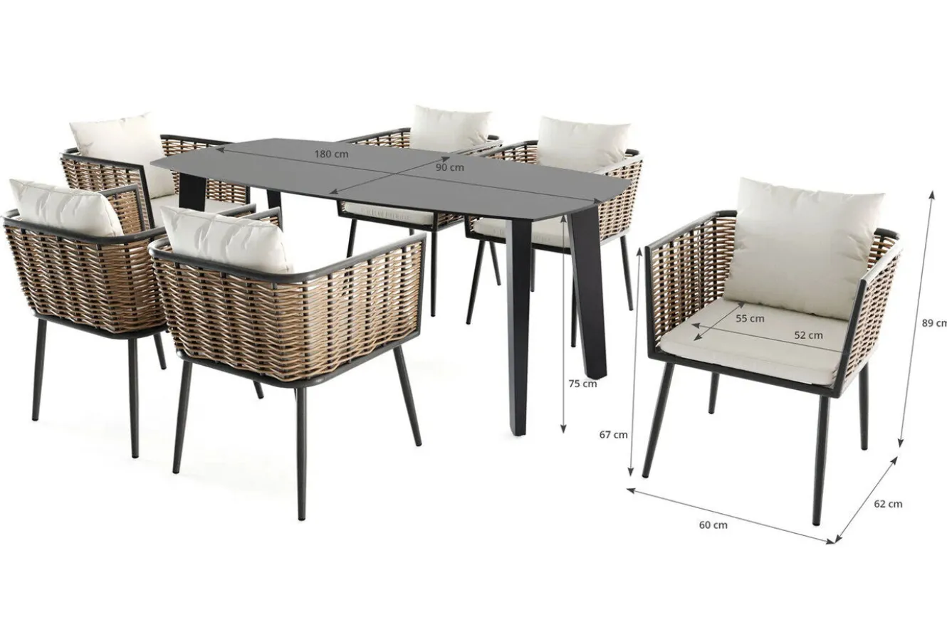 LIVING ZONE Grant Dining 6 Garten-Essgruppe, anthrazit/beige, Alu/Polyrattan, abnehmbare Bezüge, Tischplatte aus Sicherheitsglas