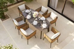 LIVING ZONE Grant Dining 6 Garten-Essgruppe, anthrazit/beige, Alu/Polyrattan, abnehmbare Bezüge, Tischplatte aus Sicherheitsglas