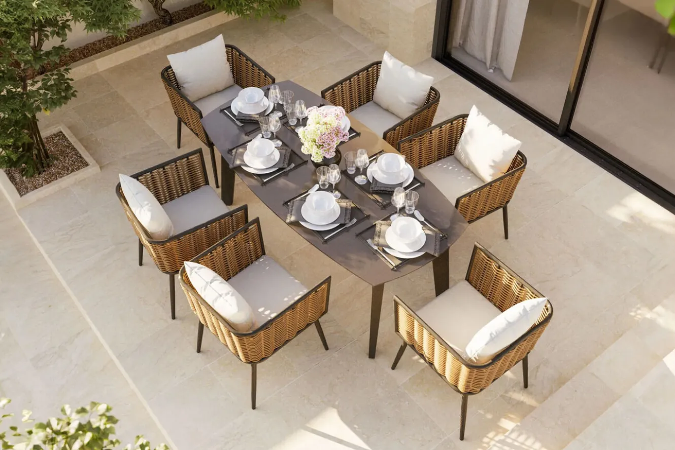 LIVING ZONE Grant Dining 6 Garten-Essgruppe, anthrazit/beige, Alu/Polyrattan, abnehmbare Bezüge, Tischplatte aus Sicherheitsglas
