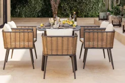 LIVING ZONE Grant Dining 6 Garten-Essgruppe, anthrazit/beige, Alu/Polyrattan, abnehmbare Bezüge, Tischplatte aus Sicherheitsglas