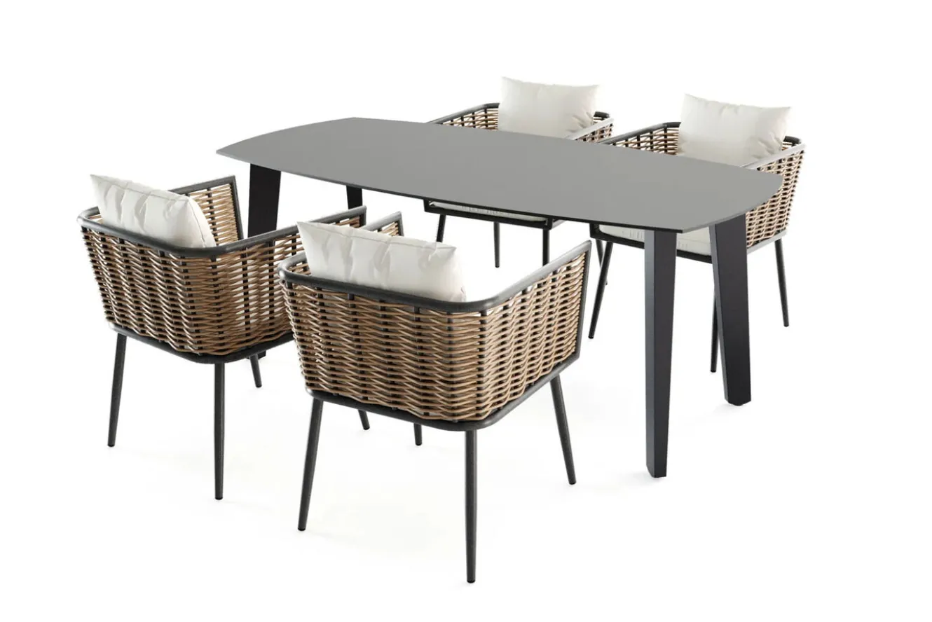 LIVING ZONE Grant Dining Garten-Essgruppe, anthrazit, Alu/Polyrattan, Tischplatte aus ESG-Sicherheitsglas, inkl. Kissen