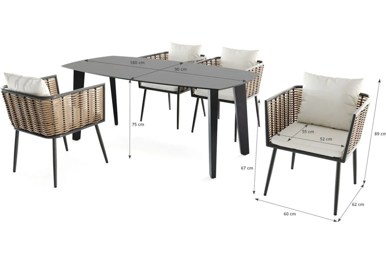 LIVING ZONE Grant Dining Garten-Essgruppe, anthrazit, Alu/Polyrattan, Tischplatte aus ESG-Sicherheitsglas, inkl. Kissen