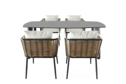 LIVING ZONE Grant Dining Garten-Essgruppe, anthrazit, Alu/Polyrattan, Tischplatte aus ESG-Sicherheitsglas, inkl. Kissen