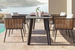 LIVING ZONE Grant Dining Garten-Essgruppe, anthrazit, Alu/Polyrattan, Tischplatte aus ESG-Sicherheitsglas, inkl. Kissen