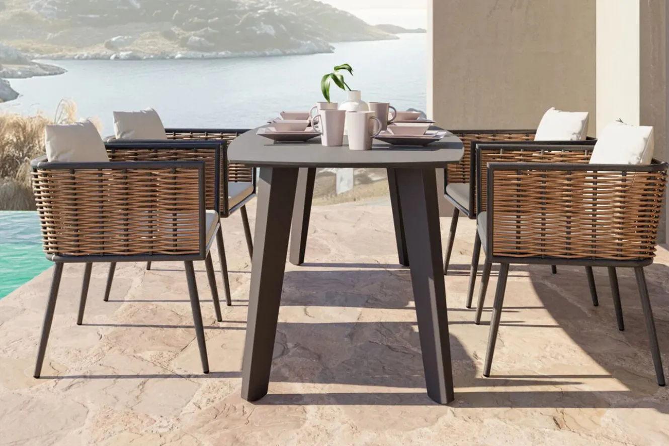 LIVING ZONE Grant Dining Garten-Essgruppe, anthrazit, Alu/Polyrattan, Tischplatte aus ESG-Sicherheitsglas, inkl. Kissen