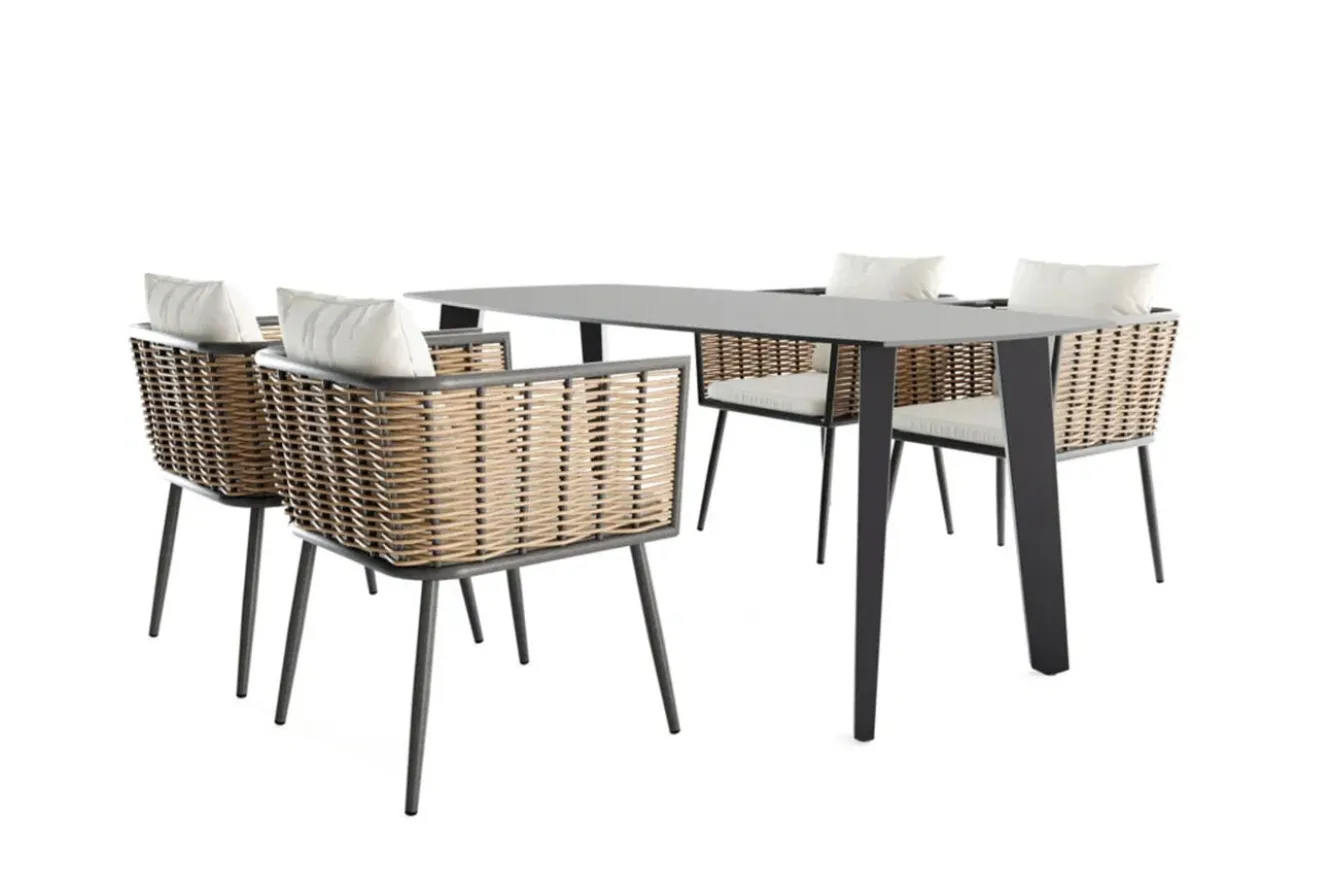 LIVING ZONE Grant Dining Garten-Essgruppe, anthrazit, Alu/Polyrattan, Tischplatte aus ESG-Sicherheitsglas, inkl. Kissen