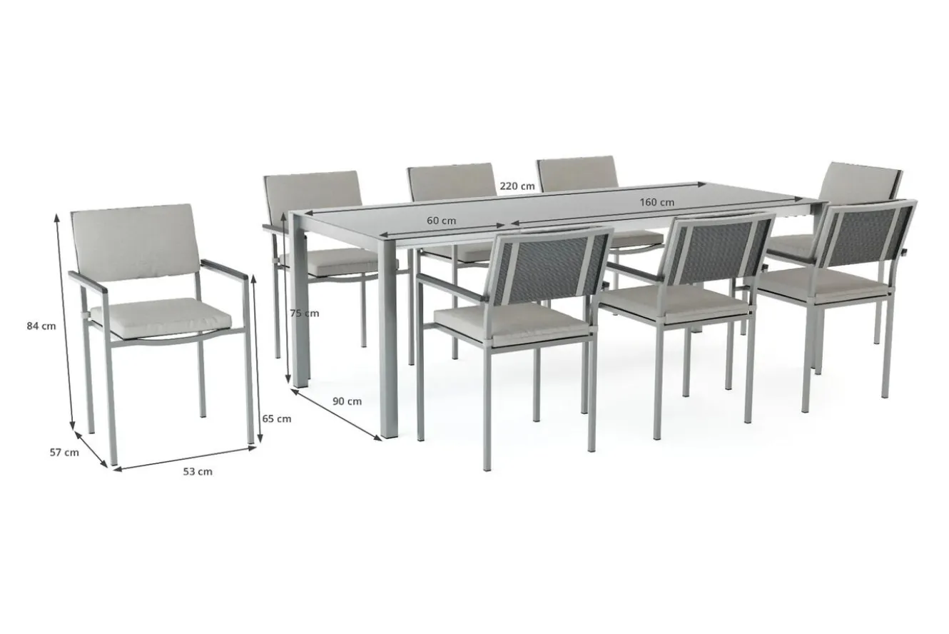 LIVING ZONE Suite Dining 8 Garten-Essgruppe, grau, Edelstahl/Textilene, ausziehbar & stapelbar, witterungsbeständig, inkl. Kissen & Polster