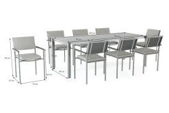 LIVING ZONE Suite Dining 8 Garten-Essgruppe, grau, Edelstahl/Textilene, ausziehbar & stapelbar, witterungsbeständig, inkl. Kissen & Polster