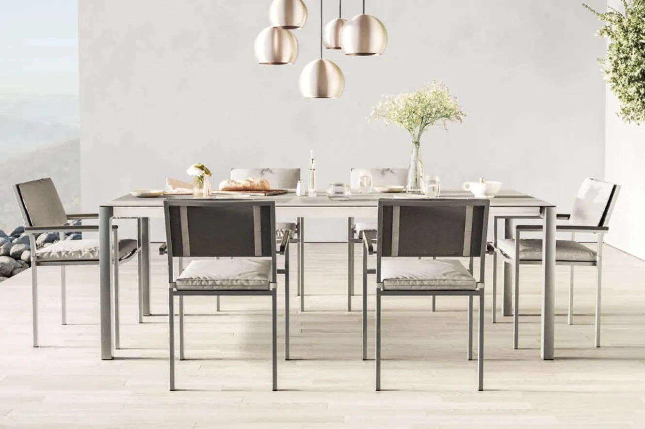 LIVING ZONE Suite Dining 6 Garten-Essgruppe, grau/anthrazit, Edelstahl/Textilene, ausziehbar & stapelbar, wetterbeständig, platzsparend