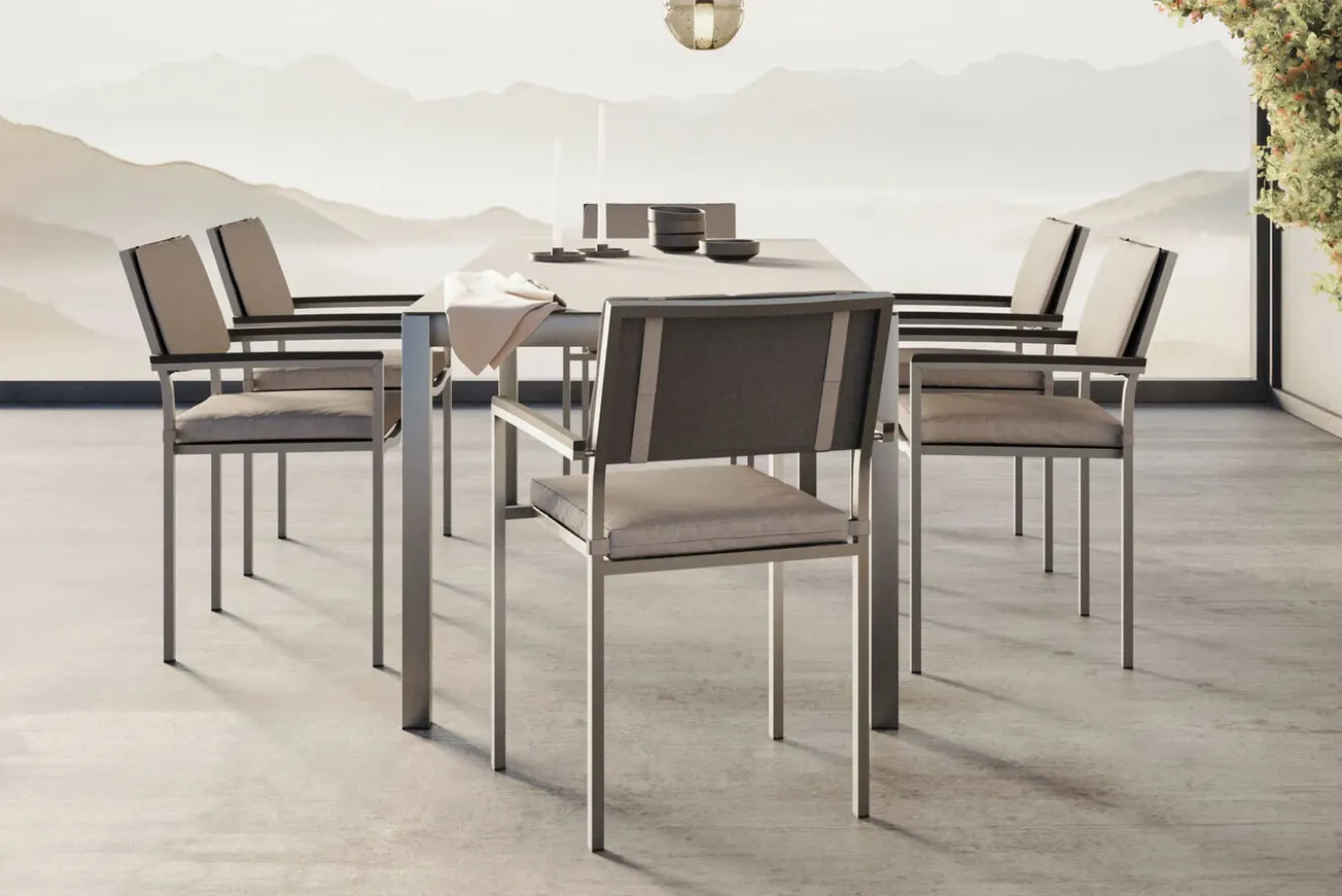 LIVING ZONE Suite Dining 6 Garten-Essgruppe, grau/anthrazit, Edelstahl/Textilene, ausziehbar & stapelbar, wetterbeständig, platzsparend