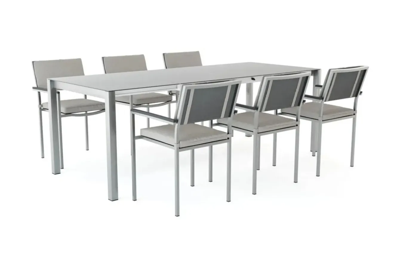 LIVING ZONE Suite Dining 6 Garten-Essgruppe, grau/anthrazit, Edelstahl/Textilene, ausziehbar & stapelbar, wetterbeständig, platzsparend