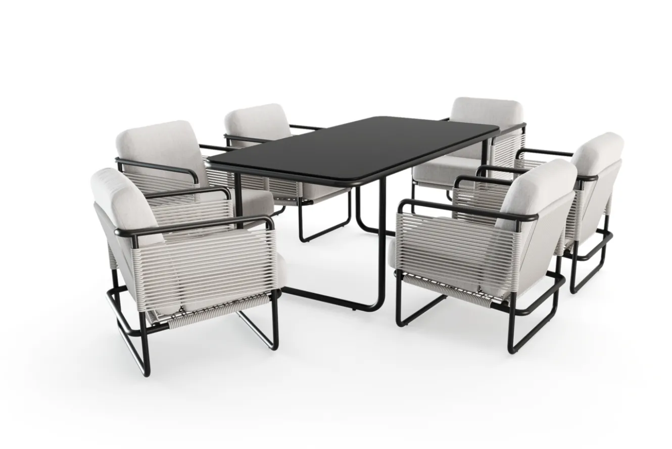 LOOKS by Wolfgang Joop Tempest Garten-Essgruppe mit 6 Sesseln, hellgrau/anthrazit, Alu/Rope-Geflecht, Esstisch 190 x 95 cm mit Glasplatte, pulverbeschichtet, wetterbeständig, modernes Design