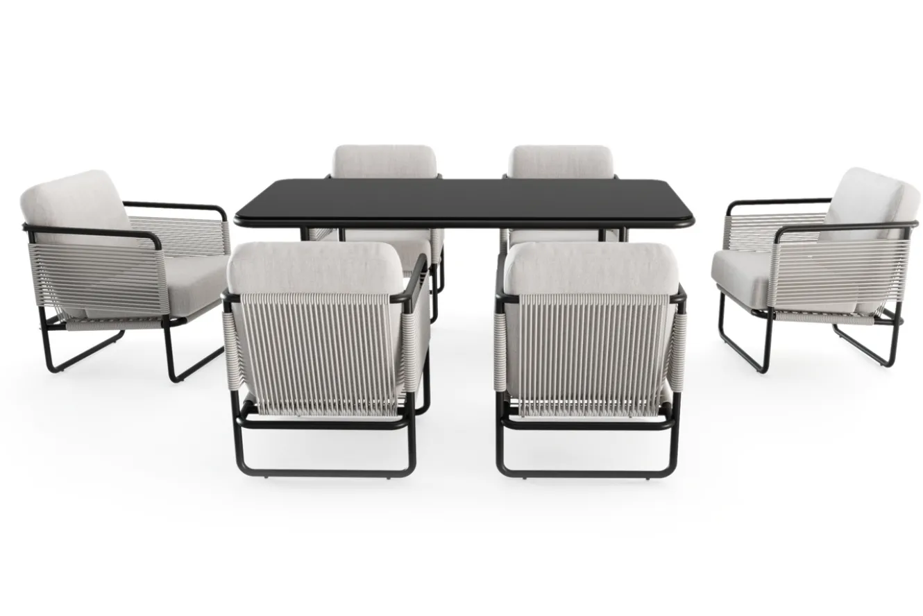 LOOKS by Wolfgang Joop Tempest Garten-Essgruppe mit 6 Sesseln, hellgrau/anthrazit, Alu/Rope-Geflecht, Esstisch 190 x 95 cm mit Glasplatte, pulverbeschichtet, wetterbeständig, modernes Design