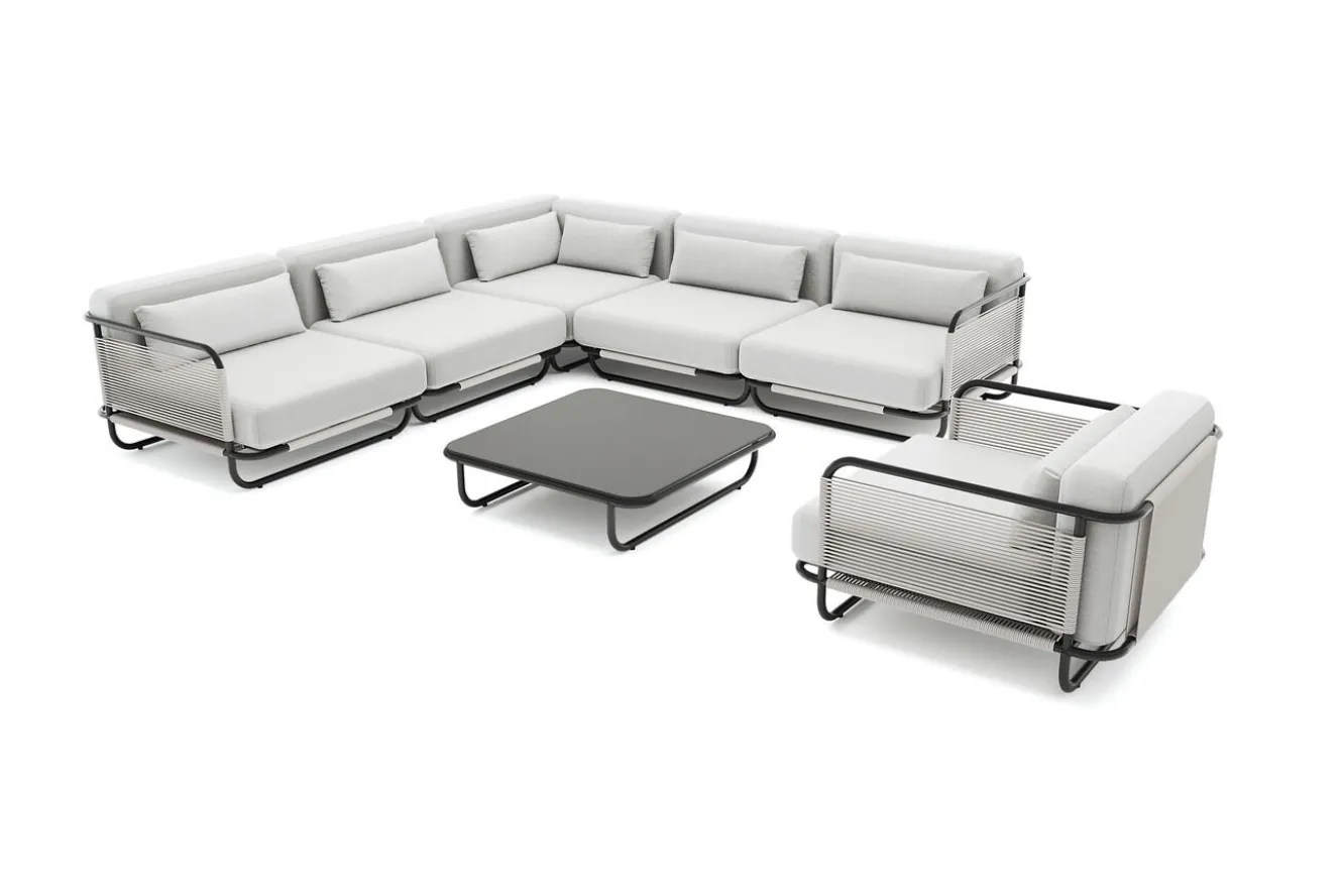 LOOKS by Wolfgang Joop Tempest Gartenlounge L, hellgrau/anthrazit, Alu/Rope-Geflecht, Beistelltisch mit Glasplatte, pulverbeschichtet, wetterfest, modernes Design