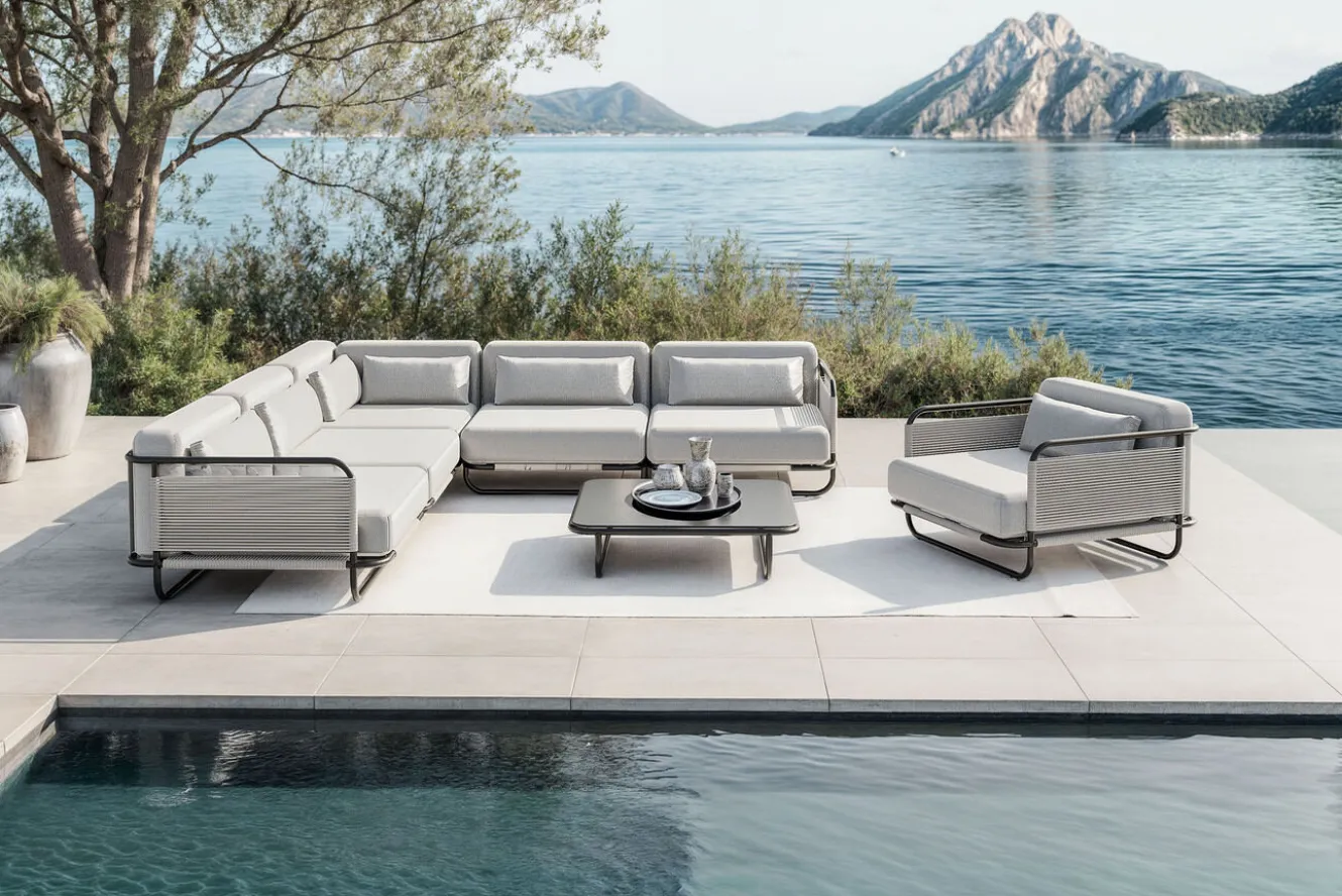 LOOKS by Wolfgang Joop Tempest Gartenlounge L, hellgrau/anthrazit, Alu/Rope-Geflecht, Beistelltisch mit Glasplatte, pulverbeschichtet, wetterfest, modernes Design