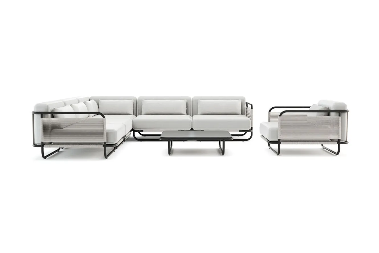 LOOKS by Wolfgang Joop Tempest Gartenlounge L, hellgrau/anthrazit, Alu/Rope-Geflecht, Beistelltisch mit Glasplatte, pulverbeschichtet, wetterfest, modernes Design