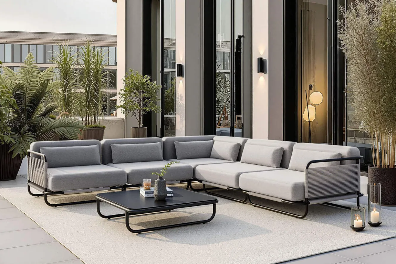 LOOKS by Wolfgang Joop Tempest Gartenlounge M, hellgrau/anthrazit, Alu/Rope-Geflecht, Beistelltisch mit Glasplatte, pulverbeschichtet, wetterfest, modernes Design