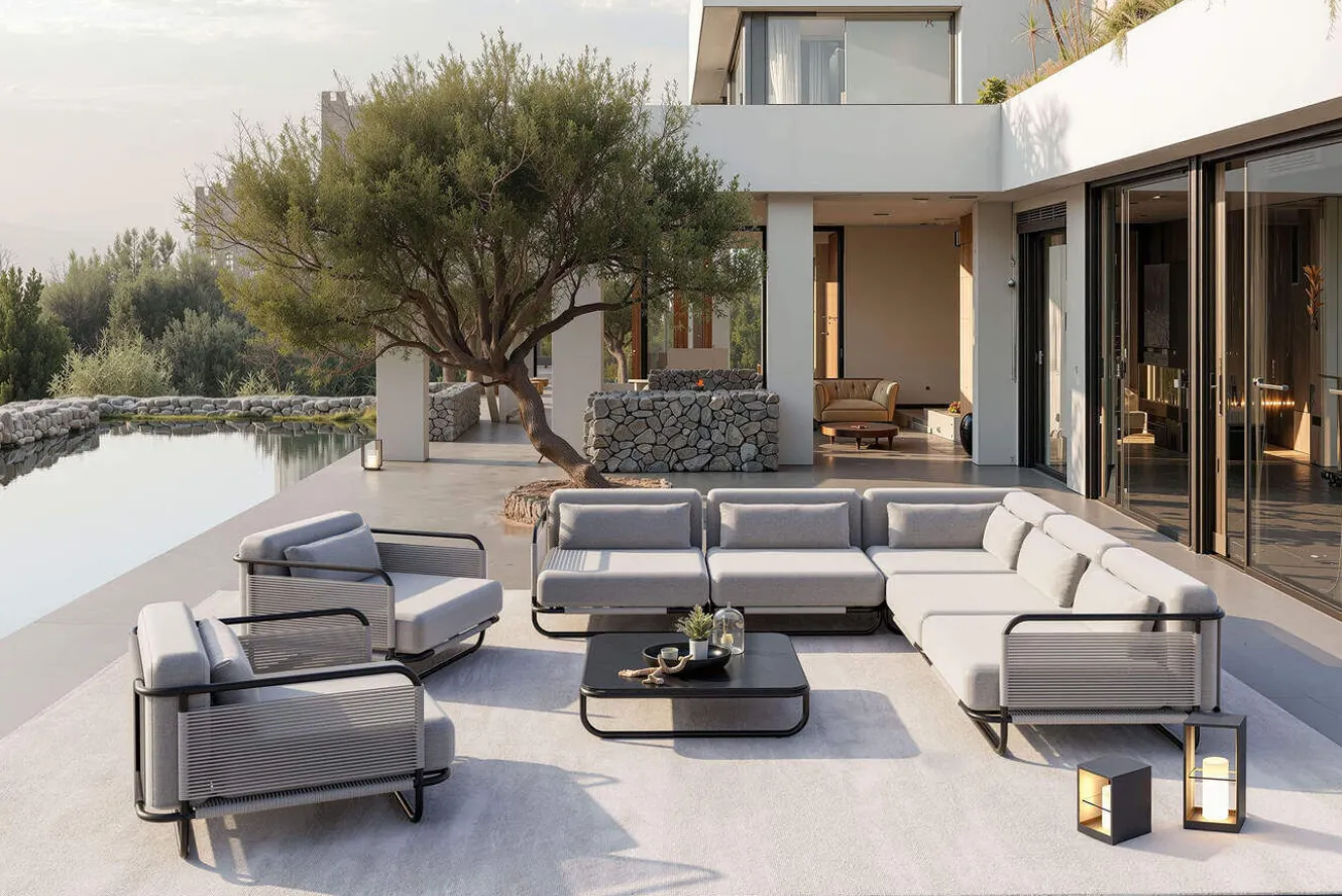 LOOKS by Wolfgang Joop Tempest Gartenlounge XL, hellgrau/anthrazit, Alu/Rope-Geflecht, Beistelltisch mit Glasplatte, pulverbeschichtet, wetterfest, modernes Design