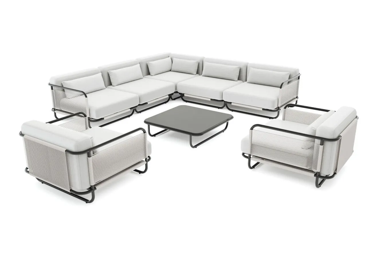 LOOKS by Wolfgang Joop Tempest Gartenlounge XL, hellgrau/anthrazit, Alu/Rope-Geflecht, Beistelltisch mit Glasplatte, pulverbeschichtet, wetterfest, modernes Design