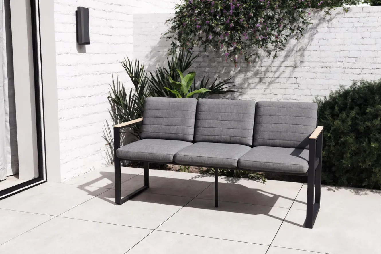 OUTFLEXX Alexander Bank, mattgrau, Alu/Teak, 154x55x75 cm, mit Armlehnen, inkl. Polster